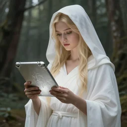 the goddess of memory holding a silver tablet inscribing a silver tablet in a forest, white hood, white robes, blonde, fantasy, magical, realistic and detailed, spiritual, supernatural, intricate, elegant, highly detailed, digital painting, trending on artstation, by wlop, 4 k octane render