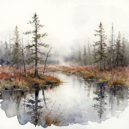 watercolor fast painting of scandinavian bog, reflective, fog, ambient lighting, art by anders zorn, wonderful masterpiece by greg rutkowski, sloppy and quick, sketched mockup aquarelle, paint splashes, splashed dripping ink