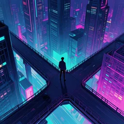 a man standing on top of a bridge over a city, cyberpunk art by vincent lefevre, behance contest winner, top angle, altermodern, cityscape, synthwave, anime asthetic, neon lights, matte painting, acid pixie