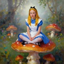 oil painting of very young gwyneth paltrow as alice from alice in wonderland, sitting cross legged on a giant mushroom, vibrant colors, atmospheric, mist, magical, fantasy, michael whelan art, artstation