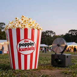 festival theme camp called the poppin'kernels, with giant popcorn and movie projector outdoors at dusk