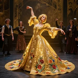 dance meditation, madison beer, long beautiful voluminous medieval court dress with train and embroidered flowers, highly detailed, glowing, action pose, cinematic, art deco, gold filigree, ethereal, alfonso mucha, zdzisław beksinski, andrei ryabovichev, shaun tan, chriss foss, peter mohrbacher, 4 k
