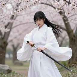 a beautiful White cloaked Samurai Warrior with Sword Drawn in a garden of Cherry Blossom Trees :: Mystical, Magical, Supernatural :: by Mitsuru Adachi