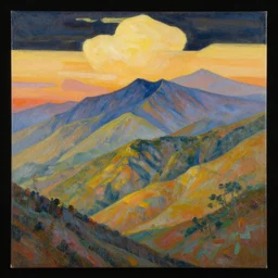 elegant mountains on a beautiful sky, an abstract set of large shapes, colorful, warm contrasting colors, painterly, detailed painting of a landscape, extremely high detail, brush strokes, top view, black background, illustration by ross tran