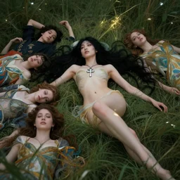 stunning asian valkyrie with long black hair laying in a bed of grass by artgerm, dynamic lighting, ray tracing, tom bagshaw, alphonse mucha, donata giancola, mary jane ansell, ankh necklace, atmosphere, realism, octane render, dof, hyperdetailed, 8 k