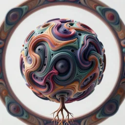 close up circular border with abstract symmetrical designs deep colorful 3 d sphere, deep grooves, concept art, depth of field, roots, fluid simulation in houdini, subsurface scattering, volumetric, very detailed, trending on artstation, rendered in octane, cgsociety