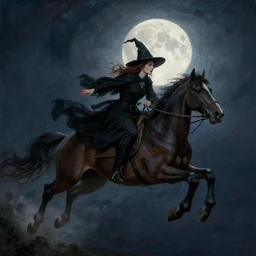 attractive male witch magically flying with no horses, trough the night, fantasy, full moon in background. highly detailed painting by gaston bussiere, craig mullins, j. c. leyendecker, mid shot, 8 k