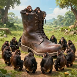 photo still of apes circling around a giant boot surrounding!!!! giant boot!!!! massive large boot footwear!!!! giant boot!!!! middle of circle of apes apes around a giant boot giant boot boot boot boot!!!!!!! giant boot!!!!!!!!, 8 k 5 2 mm f 5. 6