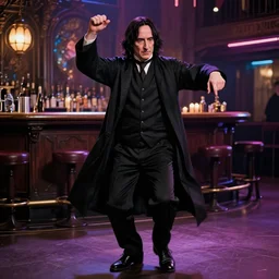 Severus Snape dances in a bar, neon, realistic, full body, very detailed, super realistic dramatic view