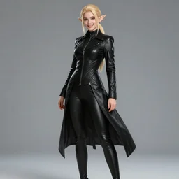 full body portrait of beautiful elf, skintight jet black leahter coat, black leggins, blond ponytail haircut, happy, high fantasy, extemely detailed, dnd, smooth, sharp focus, digital illustration, by artgerm, sakimichan, rossdraws
