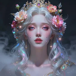 angelawhite, portrait by ruan jia and miho hirano, colorful and vibrant majestic, royal, open wide eyes, drops of tear with flowers on her hair, glowing light orbs, intricate concept art, elegant, digital painting, smooth, sharp focus, ethereal opalescent mist, outrun, vaporware, cyberpunk darksynth, ethereal, ominous, misty, 8 k, rendered in octane