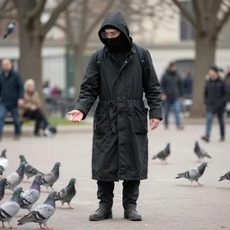 plague doctor in the park feeding pigeons