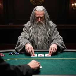 Batman playing poker with Gandalf the Grey