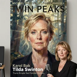 poster artwork by Michael Whelan and Tomer Hanuka, Karol Bak Tilda Swinton local radio host portrait, from scene from Twin Peaks, clean