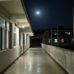 school corridor at night, night time, after hours, moonlight, serene