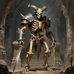 A spiked horned semiork-semihuman skeleton with armored joints stands in a large cavernous throne room with sword in hand. Massive shoulderplates. Extremely high detail, realistic, fantasy art, solo, masterpiece, bones, ripped flesh, saturated colors, art by Zdzisław Beksiński, Arthur Rackham, Dariusz Zawadzki