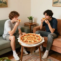 two young friends sitting one in front another on couches, a small chair in between them with large pizza on the chair, they are eating pizza, room, fourniture, good colors, 8 k, detailed, by greg rutkowski, trending on artstation, best of artstation