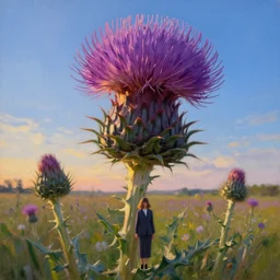 giant thistle flower head, a girl in a suit in a field of flowers, surreal photography, sunrise, blue sky, dramatic light, impressionist painting, digital painting, artstation, simon stalenhag