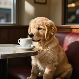 Golden retriever puppy sitting at a diner drinking a cup of coffee, looking melancholy, edward hopper style
