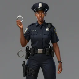 full body portrait of young black woman as a police officer holding handcuffs, police uniform, intricate, beautiful and elegant, highly detailed, digital painting, artstation, concept art, smooth, sharp focus, illustration, art by wlop, mars ravelo and greg rutkowski
