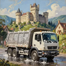 classic oil painting, a dump truck going through a car wash, water, soap, populated castle center, as a dnd character, cottagecore, highly detailed, digital illustration, concept art, smooth, sharp focus, art by greg hildebrandt, and tim hildebrandt