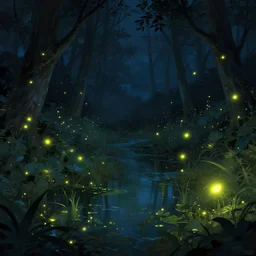 a glowing magical sparkling swamp, firefly, dark, night, peaceful, digital painting.