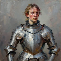 action painting of joan of arc in armor, loose brush strokes, sweaty and bloody face, visible brushstrokes, visible paint, by wlop, by greg rutkowski, by christophe young, by raymond swanland