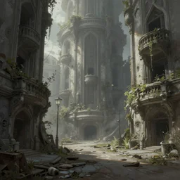 a Dystopian gothic painting of the abandoned streets of the overgrown arcology