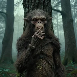 a tree creature rubs it's chin, they have an idea, film still from the movie directed by denis villeneuve and david cronenberg with art direction by and h. r. giger and zdzisław beksinski