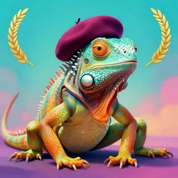 psychadelic iguana wearing a beret, epic scene, by victo ngai, kilian eng vibrant colours, dynamic lighting, digital art, winning award masterpiece, fantastically beautiful, illustration, aesthetically inspired by beksinski and dan mumford, trending on artstation, art by greg rutkowski, 8 k