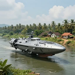 a militarised spaceship parked near a river in a kerala village, photorealistic, 4k, matte painting, trending on artstation, cinematic by simon stalenhag