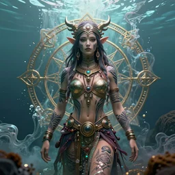 a centered render of an mytical festival hippy with tribal tattoos wearing intricate metallic clothing surrounded by a underwater ink pour and flowing liquid gallium and sacred geometry, perfect body and face, gorgeous, cinematic, beautifully lit, by noriyoshi ohrai, by karol bak, by donato giancola, 3 d, trending on artstation, octane render, 8 k