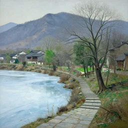 a gorgeous bleak spring landscape painting by barlowe wayne maxfield parrish and marco mazzoni. tree no leaf!! china mountain village!! grey blue and verdancy. the lake ice is melting. the winding stone steps. ultra clear detailed. 3 d, octane render..