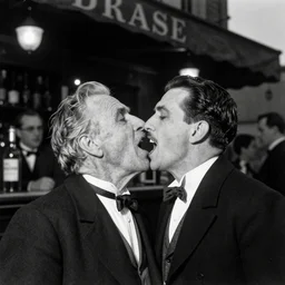 hyper realistic vintage photograph of a vampire biting an old mans neck outside of a bar at night detailed faces, grain, old, monochrome, wide angle