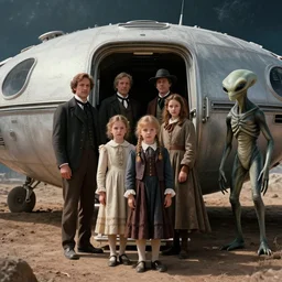 70mm still from a sci fi blockbuster movie made in 3222, set in 1860, of a family leaving a spaceship, that has just landed on an alien planet, wearing 1850s era clothes, a humanoid alien standing nearby, cinematic lighting, 8k, in focus faces, oscar winner, high quality photography
