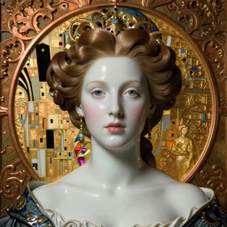 face centered portrait, artwork by james jean, hyperdetailed realistic smooth polished porcelain, beautiful scandanavian queen, jean delville, art nouveau, gustav klimt, ornate copper patina gothic icon, james jean, ultrasharp hyperdetailed photorealistic octane render
