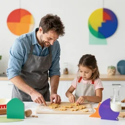 father and daughter baking cookies, colorful, abstract geometric