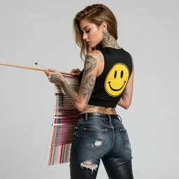 samara weaving with her neck fully tattooed, wearing scratched and ripped leather jeans, wearing an aviator outfit with a smiley stamp on its back, character sheet, fine details, props, concept design, contrast, kim jung gi, greg rutkowski, trending on artstation, 8 k, full body, turnaround, front, back, ultra wide angle