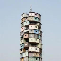 a tower made up of makeshift squatter shacks with pastel colours, mamiya, 8 5 mm, f 1. 7, uniform plain sky, fine details, photographed by gursky