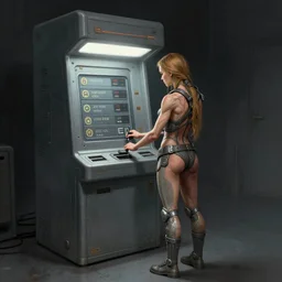 sadie sink as a miner inside a minimalist old - fashioned automated kiosk with options to choose from. storyboard - style drawing scifi cyberpunk. by gabriel hardman, joe alves, chris bonura. cinematic atmosphere, detailed and intricate, perfect anatomy