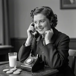 an old fashioned telephone operator working, 1 8 0 0 s, analog photo, dust on lense, black and white, film, 3 5 mm, happy face, a glass of milk beside of her, 5 0 0 biscuits on the floor