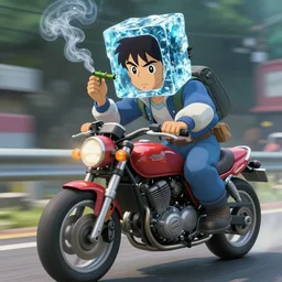 an epic anime of ice cube smoking weed on a motorcycle with moto moto, ghibli, unreal 5, daz, hyperrealistic, octane render, rpg portrait, dynamic lighting