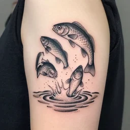 design of the dot work tattoo of fishes jumping out the water, detailed tattoo design, instagram, pejczi