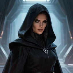 closeup portrait, beautiful woman dark lord of the sith wearing a hooded jedi cloak, standing in deathstar hallway, rim light, volumetric lighting, digital painting, artstation, concept art, smooth, sharp focus, illustration, art by arney freytag, glamour pose, greg rutkowski, soft ambient lighting, particle effects, nikon d 8 5 0, 1 / 1 6 0 sec at f / 5. 6, iso 4 0 0, 2 4 - 1 2 0 mm f / 4 at 6 2 mm,