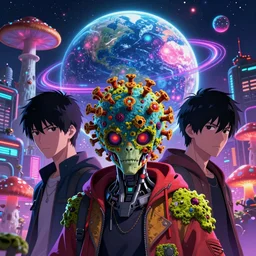 anime 4 k headshot portrait of a psychedelic cybernetic covid - 1 9 with toxic mold themed clothes, magic planet in cybernetic neo - tokyo in background by jeff easley, vibrant colors, award winning, stylized neon, post - processing, masterpiece, mix styles of tsutomu nihei, superb resolution. in the art style of junji ito and greg rutkowski. detailed mushroom city in background. hyper realistic anime. perfect art. dalle 2