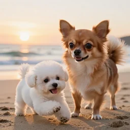 a photorealistic closeup image of a cute brown colored long haired chihuahua cocker spaniel dog in addition to a smiling white bichon frise puppy playing on the beach. sunset, surf, brightly lit scene. fine detail. nice composition. 4 k hd unreal engine
