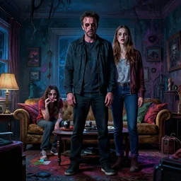 cinematic colorful horror artwork by artgerm, mark brooks, stephen king ; real life full portrait of ben affleck and his wife dove cameron at living room ; ground level wide shot low angle ; night ominous scary, 8 k hdr, creepy intricate ; volumetric dramatic lighting, insanely detailed, haunting
