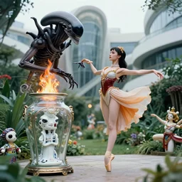 cinestill 5 0 d, 8 k, j. j abrams flare ; occult ultra realistic cthulhu in kagemusha ( 1 9 9 1 ) film still garden dance scene in frontiers in porcelain photography fashion magazine june seinen manga portrait edition, hyperrealistic real - life xenomorph holly herndon porcelain totem figurine in victorian glass jar, pointe pose, eye contact, tilt shift wide shot zaha hadid background