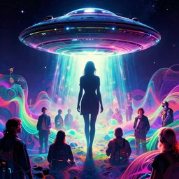 mysterious ufo abduction female silhouette, infinite sky, synthwave, fractal waves, bright neon colors, highly detailed, cinematic, tim white, roger dean, michael whelan, caza, bob eggleton, philippe druillet, vladimir kush, kubrick, alfred kelsner, vallejo