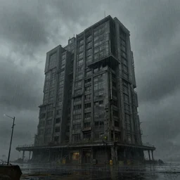 a brutalist building stands alone in the rain, concept art by james paick, cgsociety, antipodeans, reimagined by industrial light and magic, concept art, artstation hd